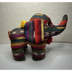 Multicolor Striped Woven Fabric Elephant Stuffed Animal Plush Folk Art
